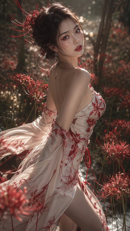 Graceful young woman in spider lily embroidered gown looks over shoulder in sunlit red lycoris forest