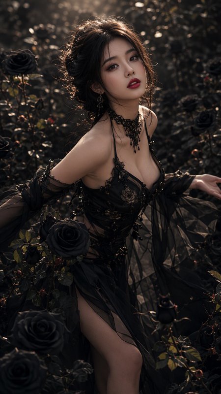 Gothic woman in elaborate black lace gown standing posed in a sunlit garden of blooming black roses