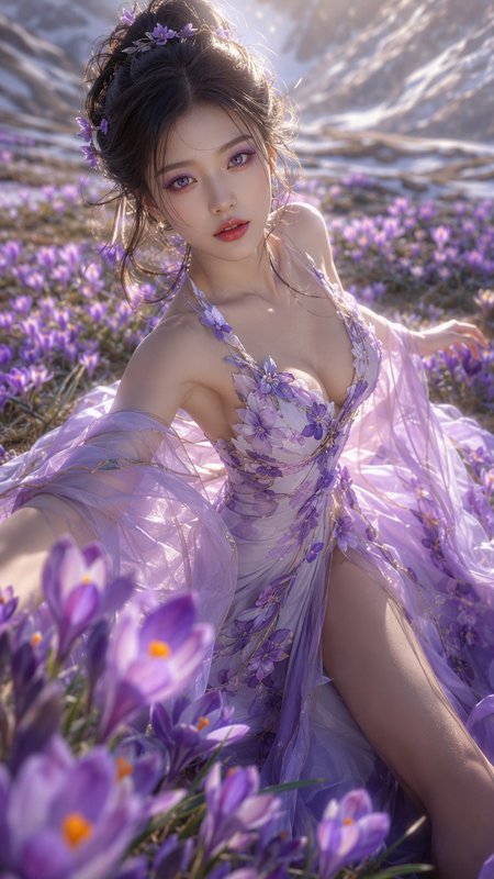 Ethereal young woman in a purple floral gown sits in a sunlit field of purple crocuses on a snowy alpine slope.