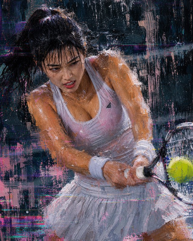 Impressionist impasto painting of a focused female tennis player mid-swing hitting a tennis ball during competition