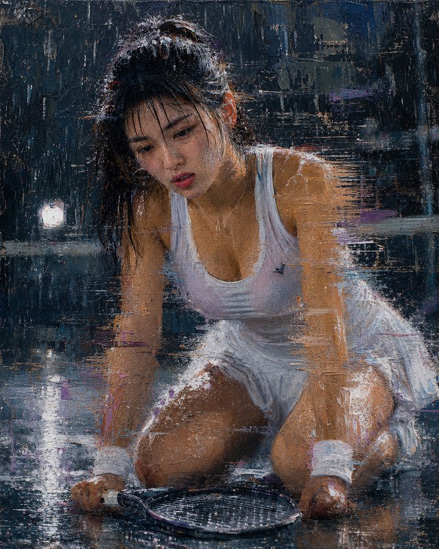 Textured impasto oil painting of a weary wet female tennis player kneeling on a rain-soaked night court next to her racket