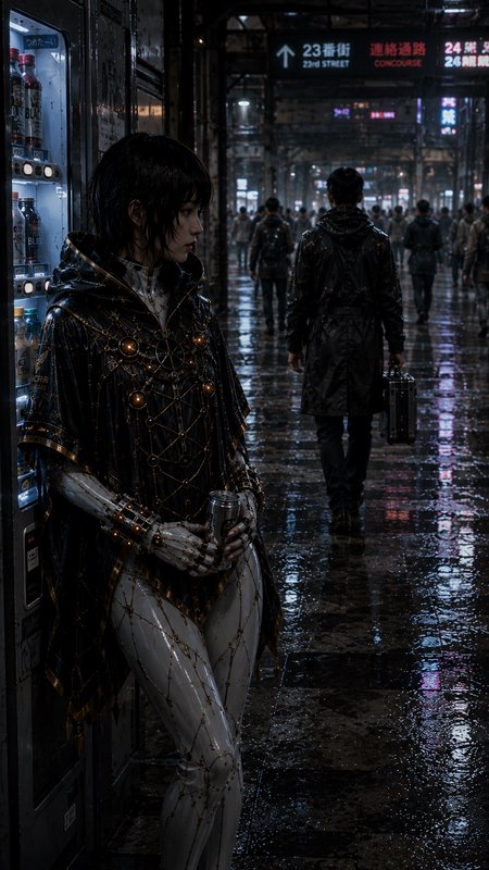 [Cyberpunk female android leans on a vending machine in a rainy neon-lit Tokyo subway station at night]