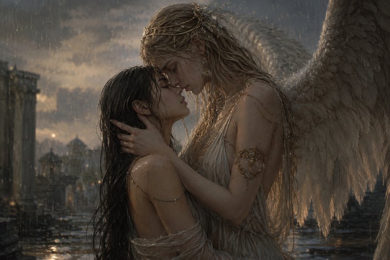 Winged blonde angel tenderly embraces a dark-haired woman in a nearly-kiss, standing in rain before ancient ruins at dusk.