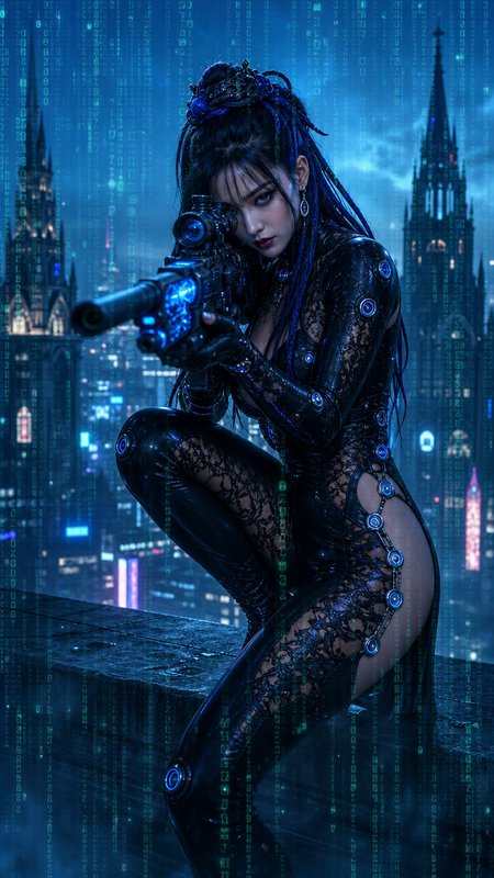 Cyberpunk female assassin crouches on a skyscraper ledge aiming a glowing sci-fi rifle, overlooking a futuristic neon