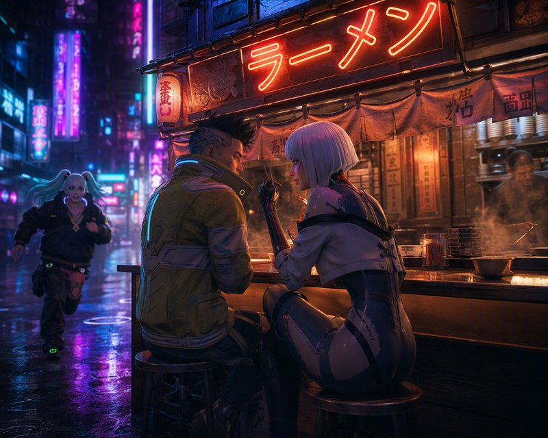 Cyberpunk anime characters sit at a glowing neon ramen stall as a girl runs down a wet neon-lit city street