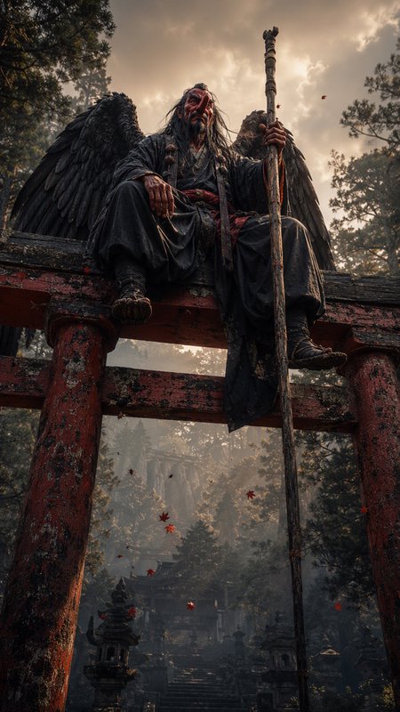Traditional winged Japanese tengu sits atop a weathered red torii gate holding a staff above a misty mountain shrine