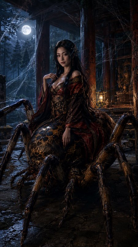 Mythic Jorogumo half-woman half-spider yokai sits in a cobweb-covered abandoned shrine under a bright full moon