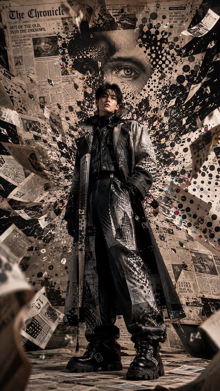 Avant-garde male fashion model in newsprint patterned outerwear stands before explosive vintage newspaper collage backdrop
