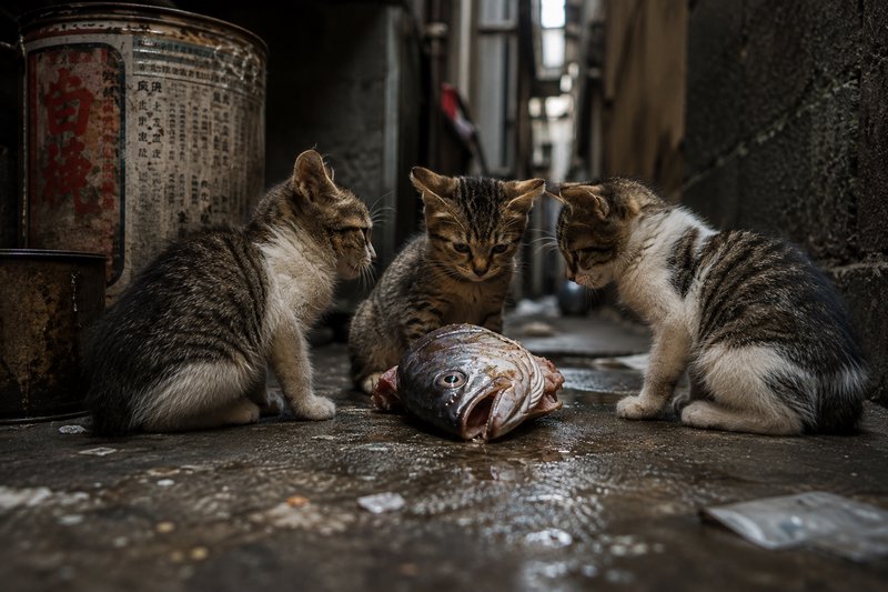 Three tabby stray kittens gather around a raw fish head on wet pavement in a narrow gritty urban alley beside weathered me...