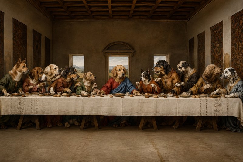 Whimsical parody of The Last Supper featuring anthropomorphic dog breeds seated at a long dining table in a classic