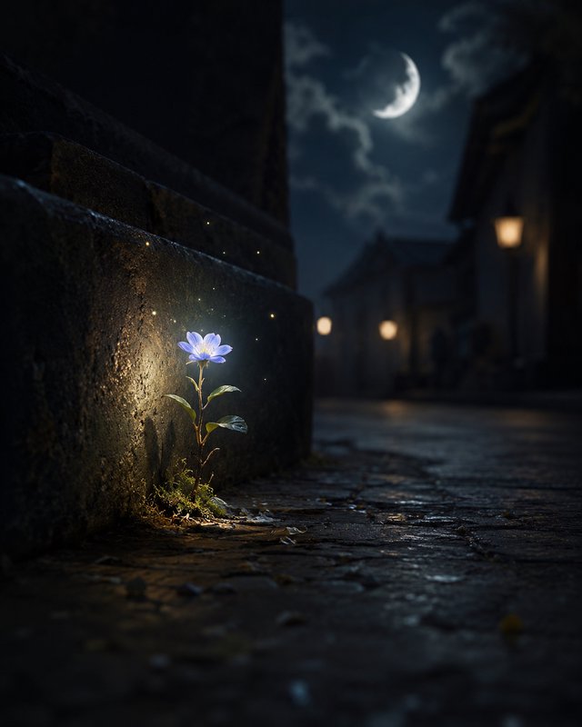 Glowing magical blue wildflower grows from a cobblestone alley edge beside stone steps under a crescent moon night sky