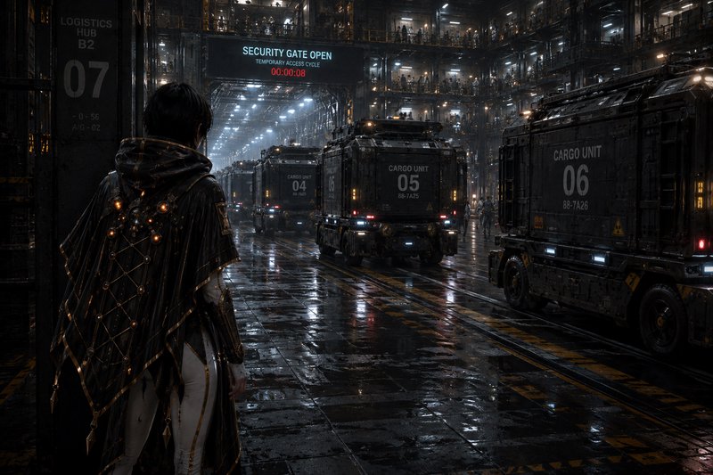 [Hooded futuristic character stands observing lined armored cargo vehicles in a dark, wet multi-level sci-fi logistics hub]