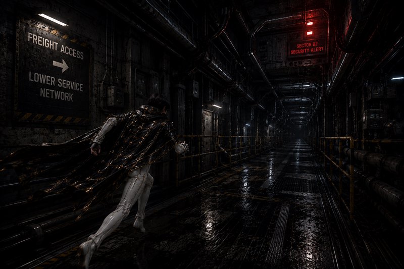 [Armored sci-fi character sprints down a dark wet industrial space station corridor with active security alert signage]