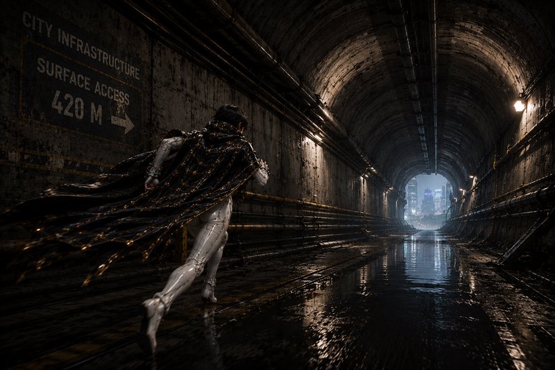 Futuristic caped hero sprints through a wet industrial underground tunnel toward a distant glowing city skyline