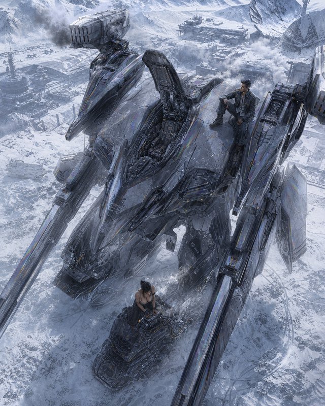 [Massive futuristic battle mech parked in snow, two pilots rest atop it overlooking a ruined arctic outpost.]