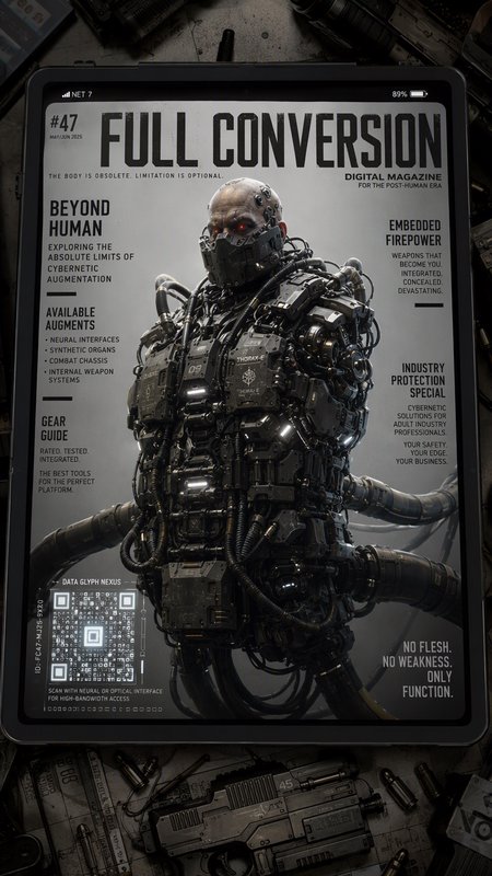 Tablet displaying "Full Conversion" cyberpunk digital magazine cover featuring a heavily augmented combat cyborg