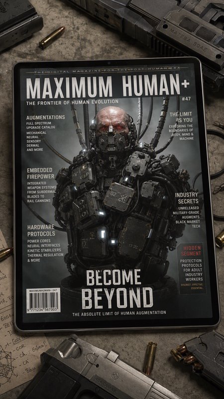 [Tablet displaying dystopian Maximum Human+ sci-fi magazine cover, surrounded by tactical guns and ammo on a concrete work...