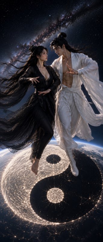 Yin-yang fantasy couple in black and white flowing robes float above a glowing taijitu against a starry cosmic space