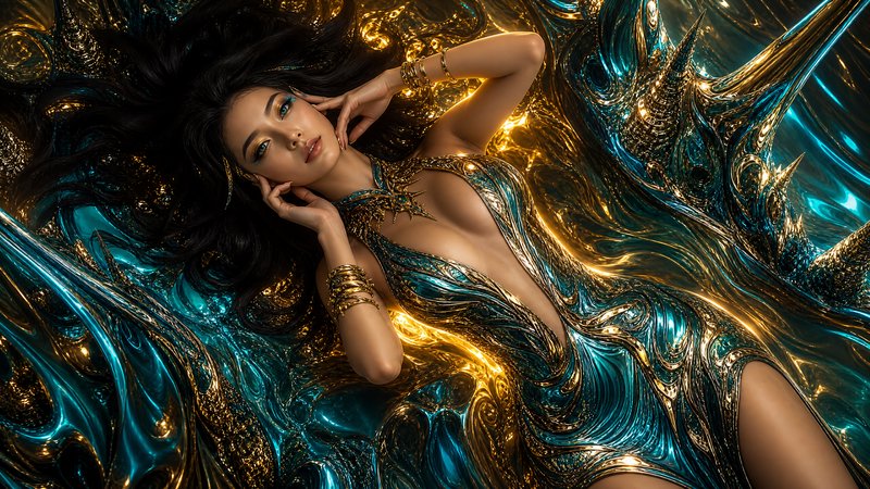 Glamorous East Asian woman reclines in an ornate teal and gold gown, surrounded by swirling glossy metallic fabric