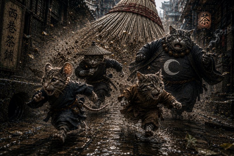Dynamic illustration of anthropomorphic cat characters running from a giant broom down a wet historic East Asian alley
