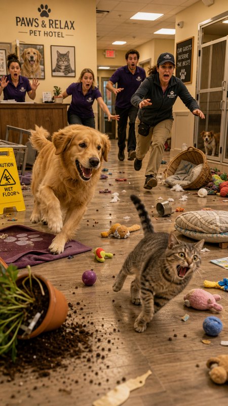 Shocked pet hotel staff rush to catch a loose golden retriever and tabby cat amid a messy, littered lobby.