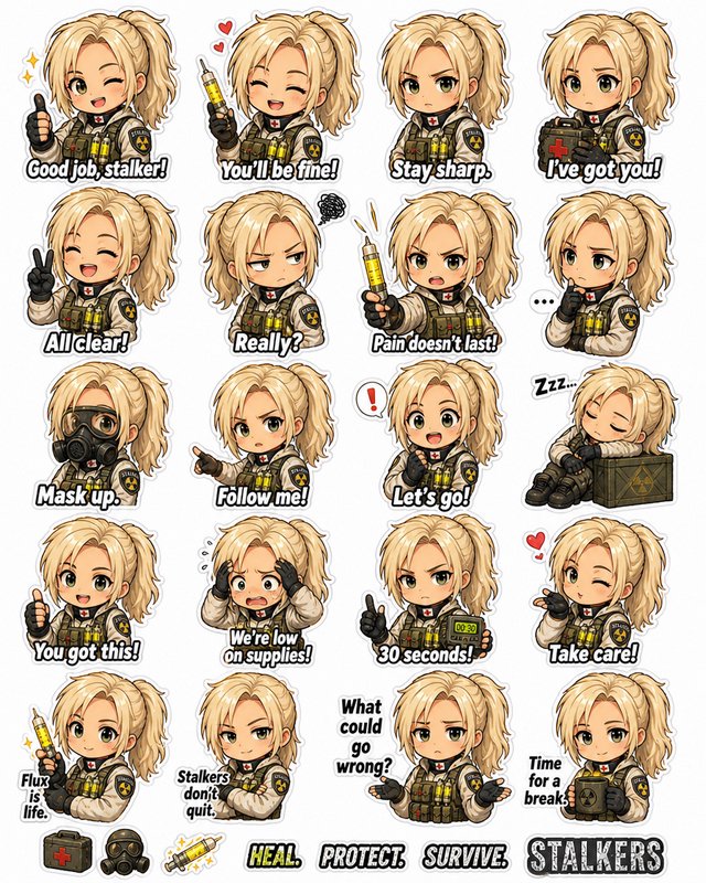 Chibi anime S.T.A.L.K.E.R. field medic sticker sheet with assorted emotes, text captions, and apocalyptic themed icons.