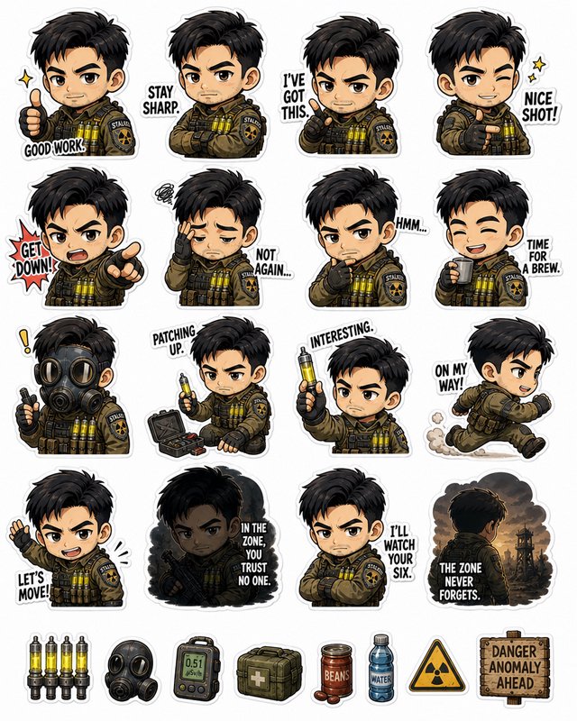 Chibi S.T.A.L.K.E.R. operator sticker pack featuring character emotes, survival gear, and hazard decals on a plain