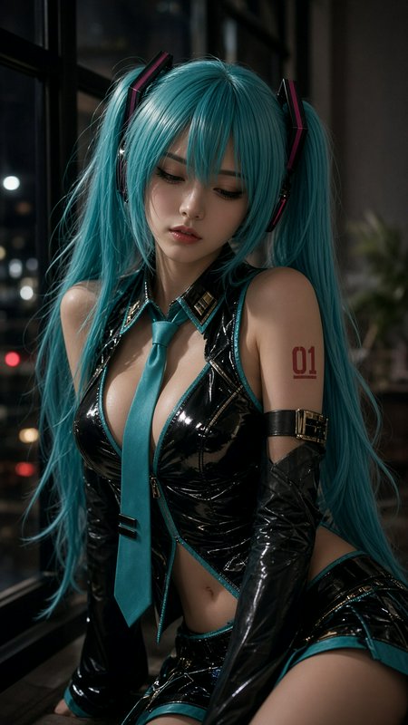 [Realistic Hatsune Miku cosplayer with turquoise twin tails sits by a window, eyes lowered, night city background]