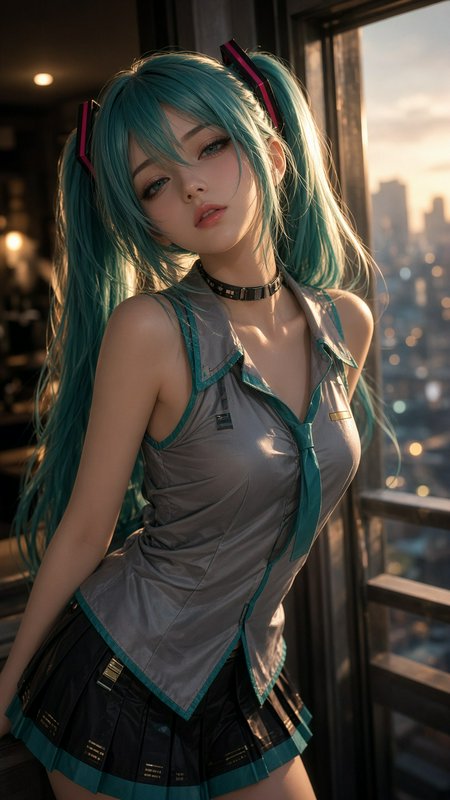 Photorealistic Hatsune Miku cosplayer with teal twin tails posing by a high-rise window at golden sunset.