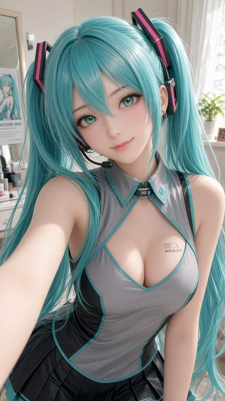 [Realistic stylized Hatsune Miku taking a selfie, featuring her signature turquoise twin tails and classic Vocaloid outfit]