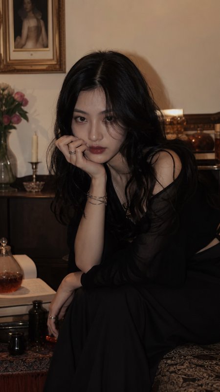 [Elegant young woman with wavy black hair rests her chin on her hand in a dim vintage interior portrait]