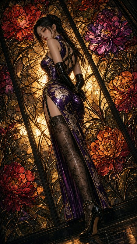 Elegant woman in glossy purple embroidered qipao poses against glowing floral stained glass