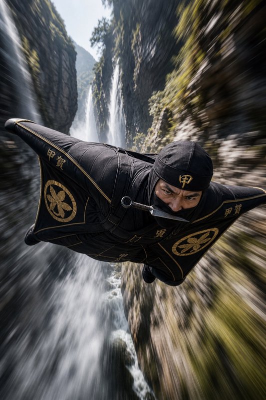 [Ninja-themed wingsuit pilot holding a kunai glides fast through a steep waterfall canyon, radial motion blur effect]