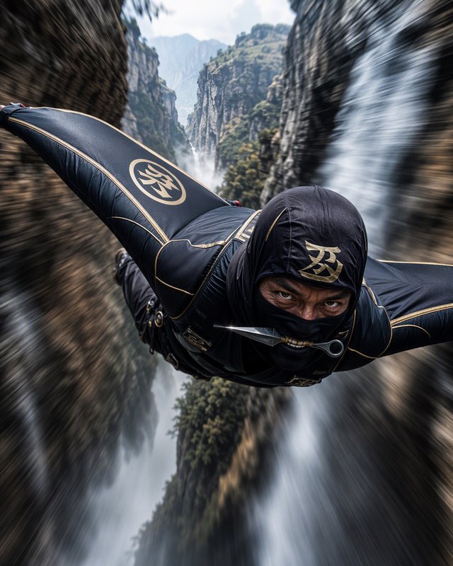 [Close-up of a ninja-themed wingsuit flyer holding a kunai, gliding at high speed through a rocky mountain canyon]