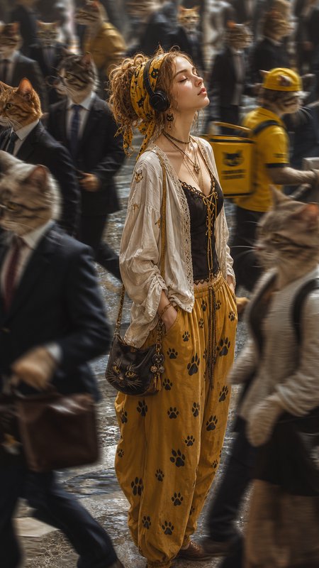 [Serene bohemian woman in cat-themed fashion stands still, eyes closed, amid a rushing crowd of anthropomorphic cat commut...