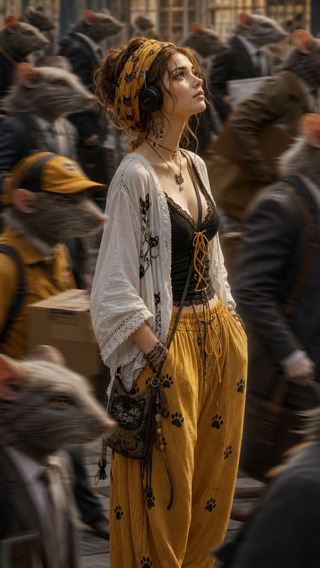 [Surreal portrait of cat-themed bohemian woman standing still amid rushing crowd of anthropomorphic rat commuters]
