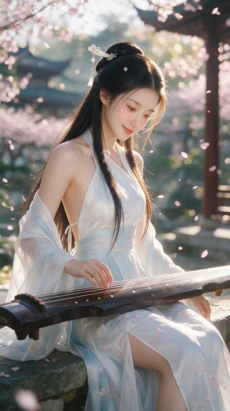 Young woman in pale traditional hanfu plays guzheng as cherry blossom petals fall around her sunlit garden.