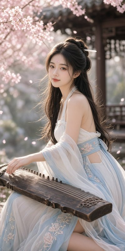 Young woman in flowing traditional hanfu plays guzheng beneath pink cherry blossoms near a Chinese garden pavilion