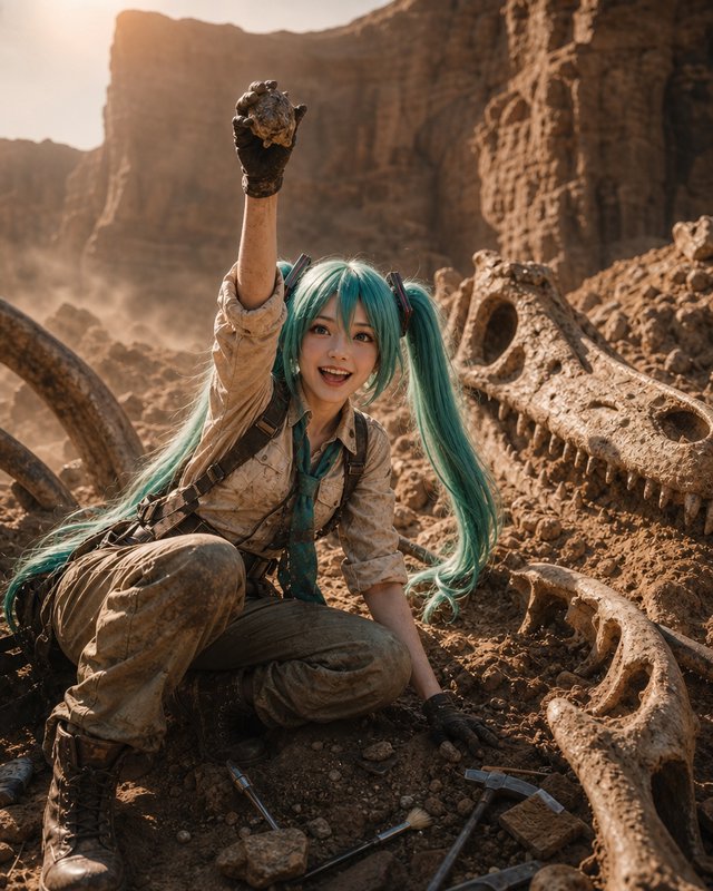 [Excited Hatsune Miku paleontologist cosplayer holds up a fossil at a sunlit desert dinosaur excavation site]