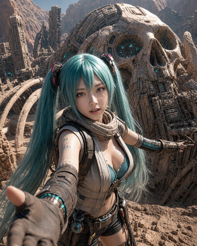 [Turquoise twin-tailed cyberpunk Hatsune Miku reaches for the viewer, with a giant mechanical skull ruin in a desert canyo...