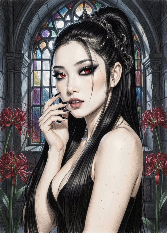 Gothic fantasy portrait of a pale red-eyed vampire woman, framed by red spider lilies before an arched stained glass window.