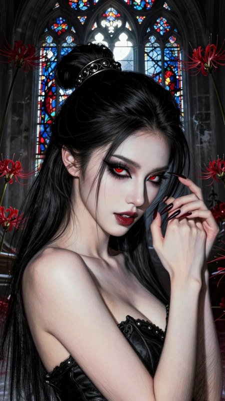 Gothic vampire woman with glowing red eyes, black hair, posed before stained glass cathedral windows surrounded by red