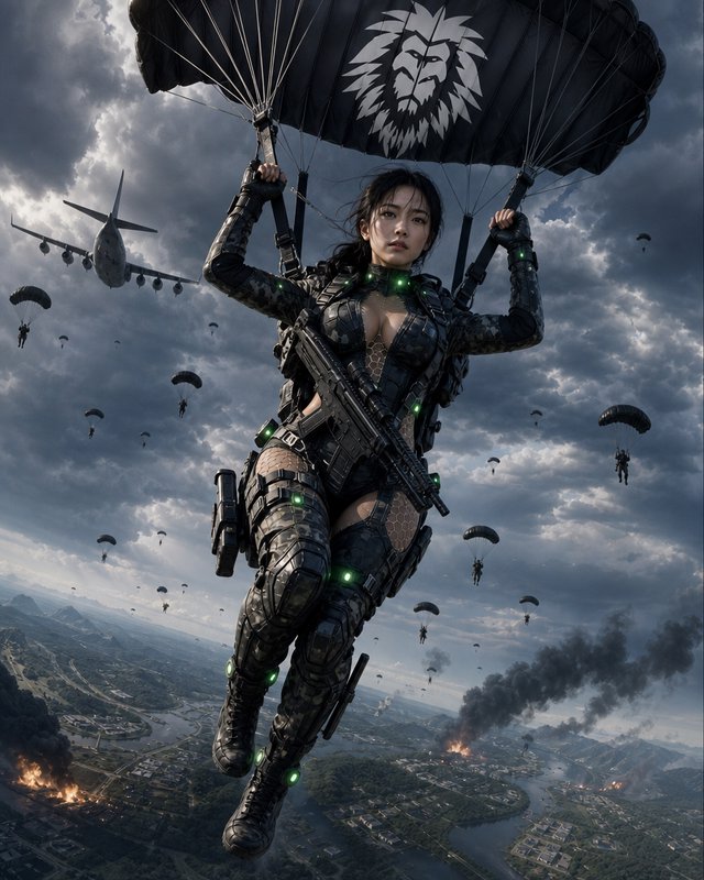 [Female tactical paratrooper descending via lion-crested parachute above a burning warzone, with other airborne troops in ...