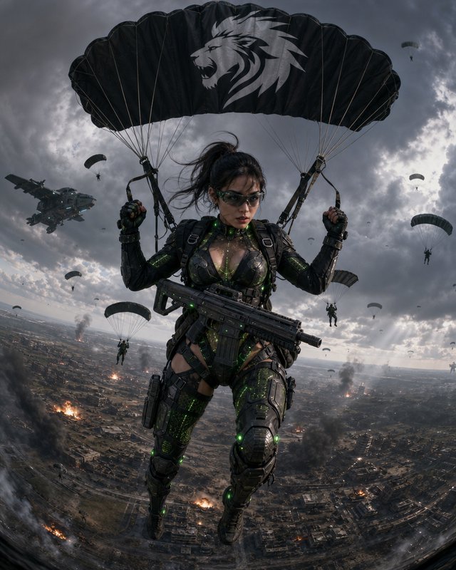 [Futuristic female tactical soldier descends via a lion-crested parachute over a burning war-torn battlefield]