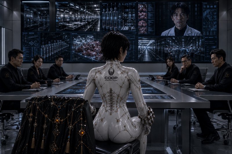 [Back view of ornate white cybernetic humanoid leading a tense corporate meeting in a futuristic high-tech command room.]