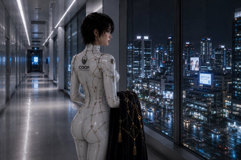 [Female cybernetic android in white tech exosuit stands in modern high-rise hallway overlooking glowing night city skyline]