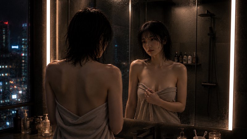 Back view of wet-haired woman in a bath towel gazing at her reflection in a fogged LED bathroom mirror, night city skyline...