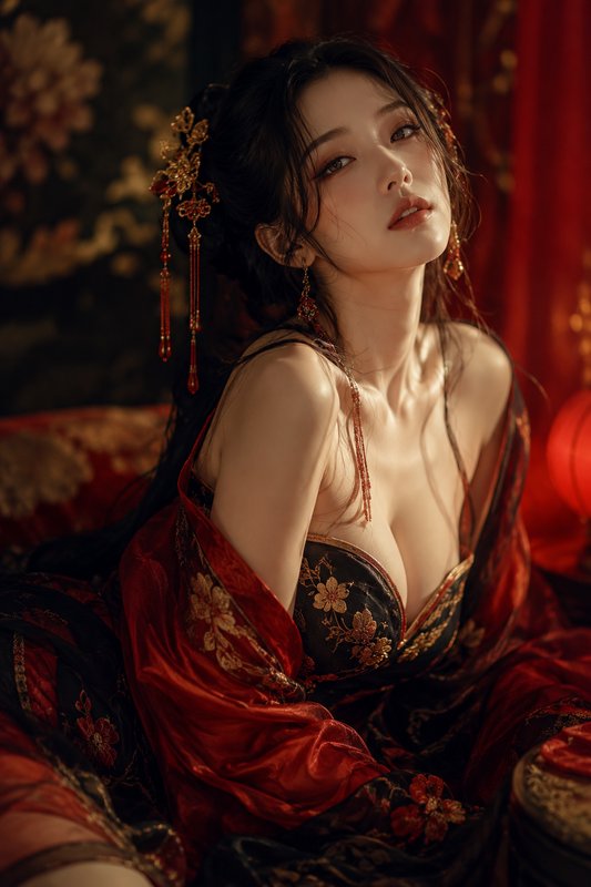Elegant East Asian woman in ornate red-black hanfu, gold tassel hair accessories, warm moody boudoir lighting.
