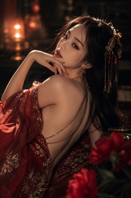 Elegant young East Asian woman in red embroidered backless traditional gown, ornate tassel hairpiece, warm candlelit portrait