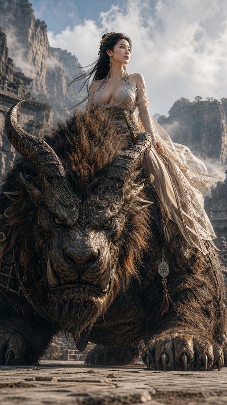 Elegant East Asian fantasy queen rides a giant ornate horned mythical beast before misty mountain temples